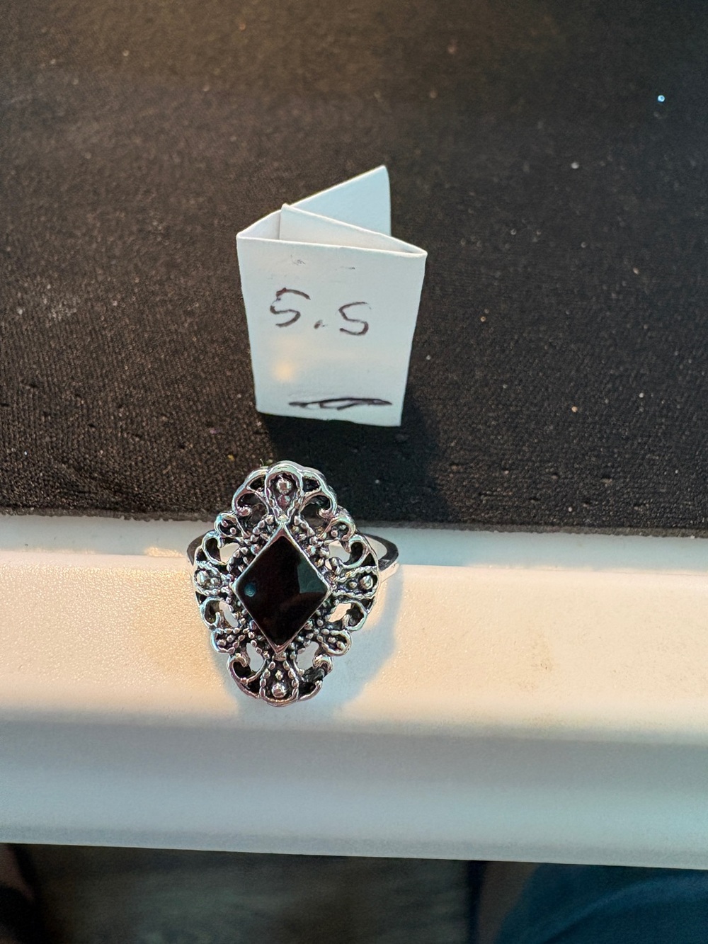 Sterling-Inspired Black Onyx Filigree Ring - Size 5.5